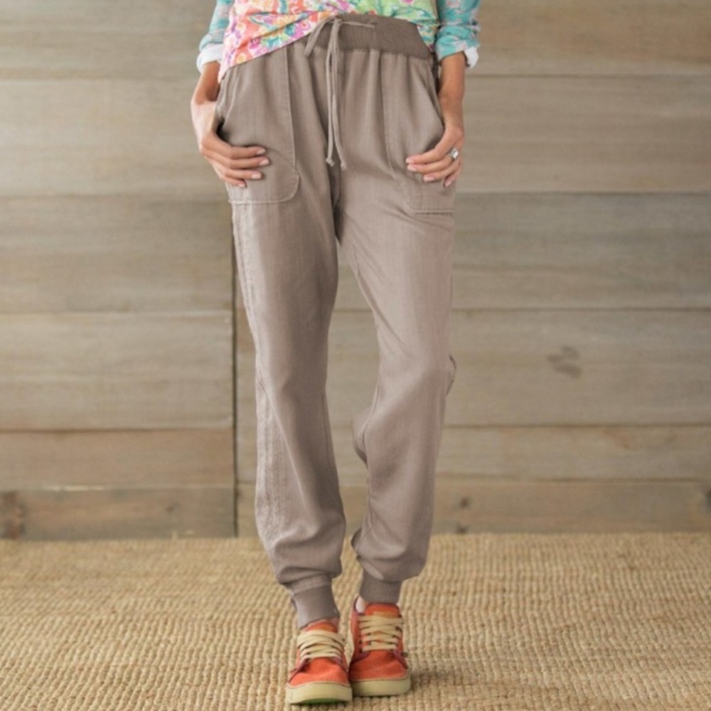 SUNDANCE Devery Tan Embroidered Cargo Joggers Drawstring Tie Elastic Waist Sz XL